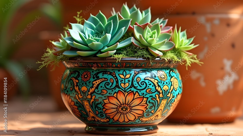 Vibrant Succulents in Ornate Hand-Painted Ceramic Pot, Exotic Teal and Emerald Floral Design Vibrant Succulents in Ornate Hand-Painted Ceramic Pot, Exotic Teal and Emerald Floral Design