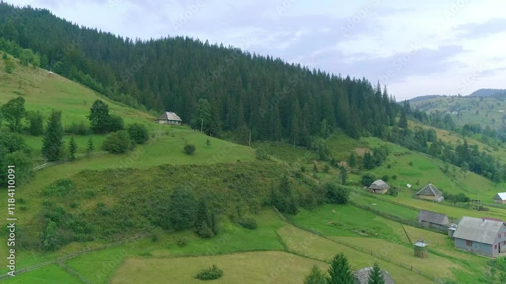 Grass hill and valley with countryside houses, green landscape scenic, nature outdoor, tranquil serene, hillside village, peaceful idyllic Grass hill and valley with countryside houses, green landscape scenic, nature outdoor, tranquil serene, hillside village, peaceful idyllic