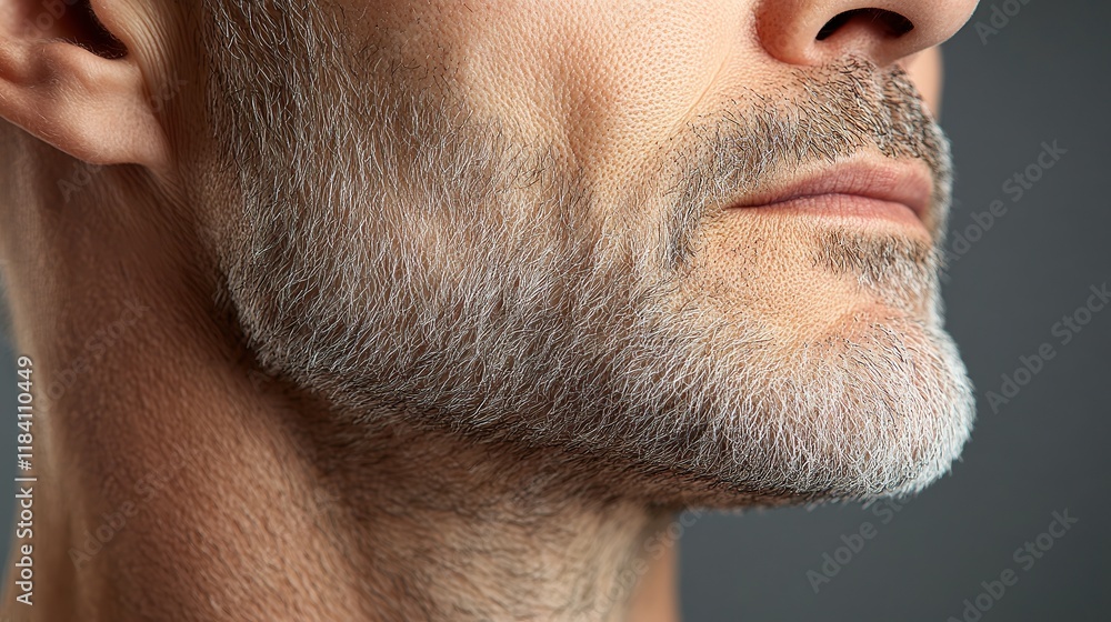 Obraz premium Close-up of a man’s neck and jawline, showing sagging skin and wrinkles along the neck and chin, highlighting signs of aging in a realistic portrait.
