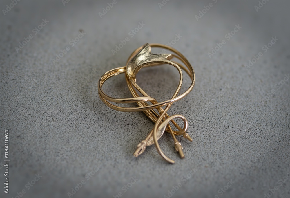Golden brooch with bow design on textured fabric Golden brooch with bow design on textured fabric