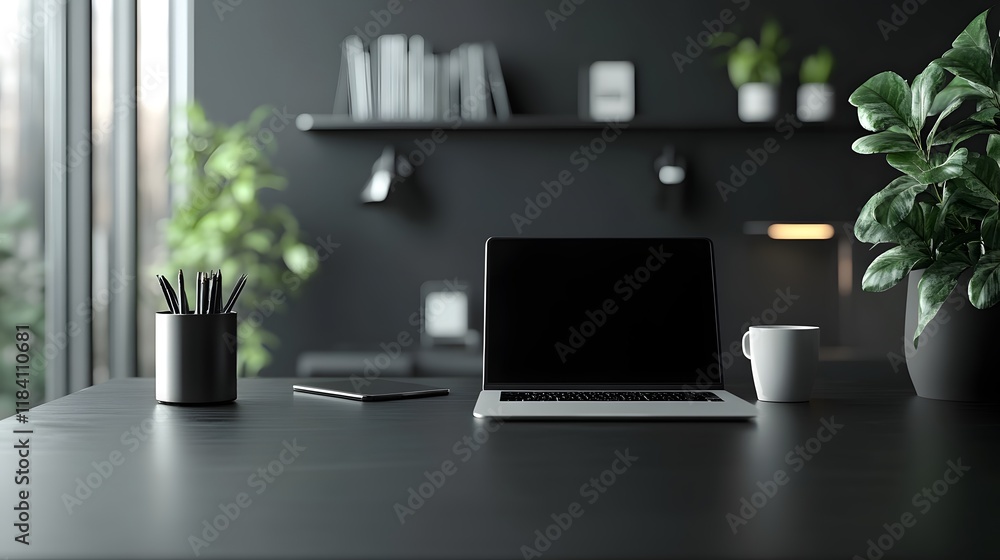 Modern Workspace Featuring a Sleek Laptop on a Stylish Desk Surrounded by Lush Green Plants Creating a Fresh and Inviting Atmosphere for Productivity Modern Workspace Featuring a Sleek Laptop on a Stylish Desk Surrounded by Lush Green Plants Creating a Fresh and Inviting Atmosphere for Productivity