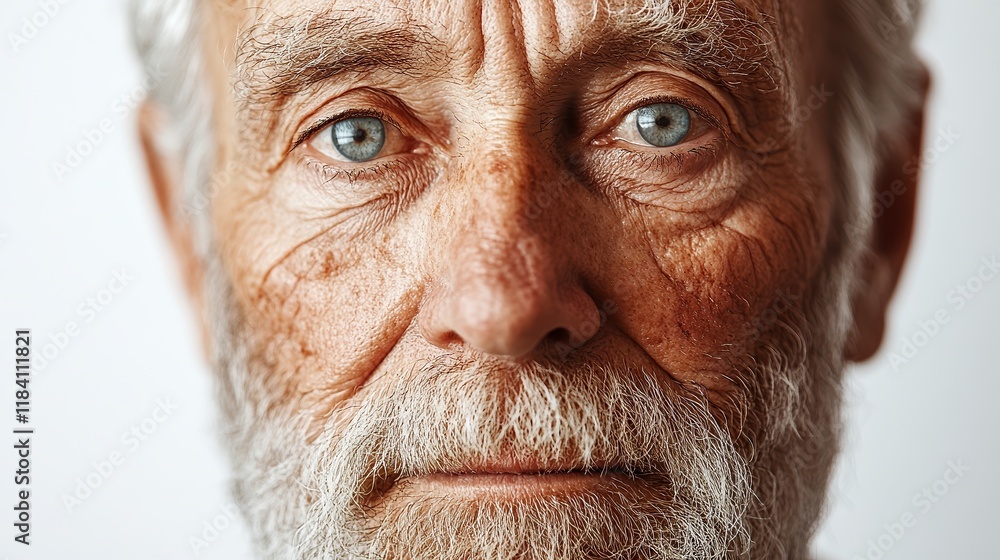 Elderly man's face with deep wrinkles and visible signs of aging, centered against a plain white background, emphasizing natural facial features and life experience. Elderly man's face with deep wrinkles and visible signs of aging, centered against a plain white background, emphasizing natural facial features and life experience.