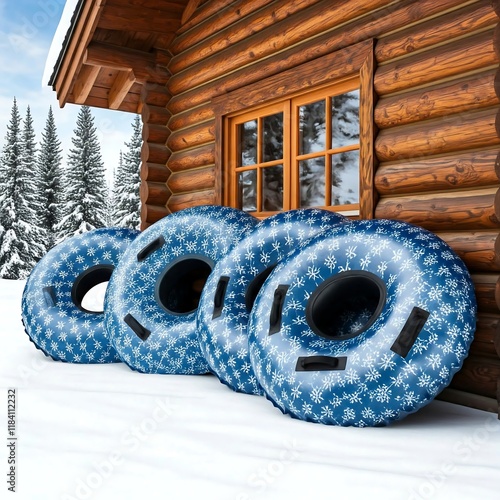 Snow Tubes with Bold Patterns Leaning Against a Snow-Covered Log Cabin,court , action ,players, action ,scene, Outdoor ,game, Sport, ,outdoor, Recreation, Leisure, Fun, Active, Healthy, fitness,  photo