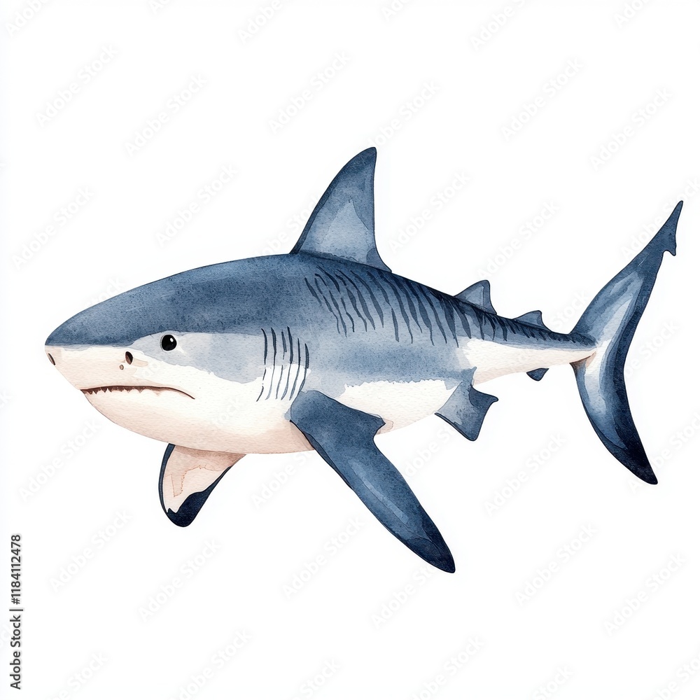 Fototapeta premium Watercolor Painting of a Tiger Shark Ocean Predator Marine Life Illustration Aquatic Animal Art