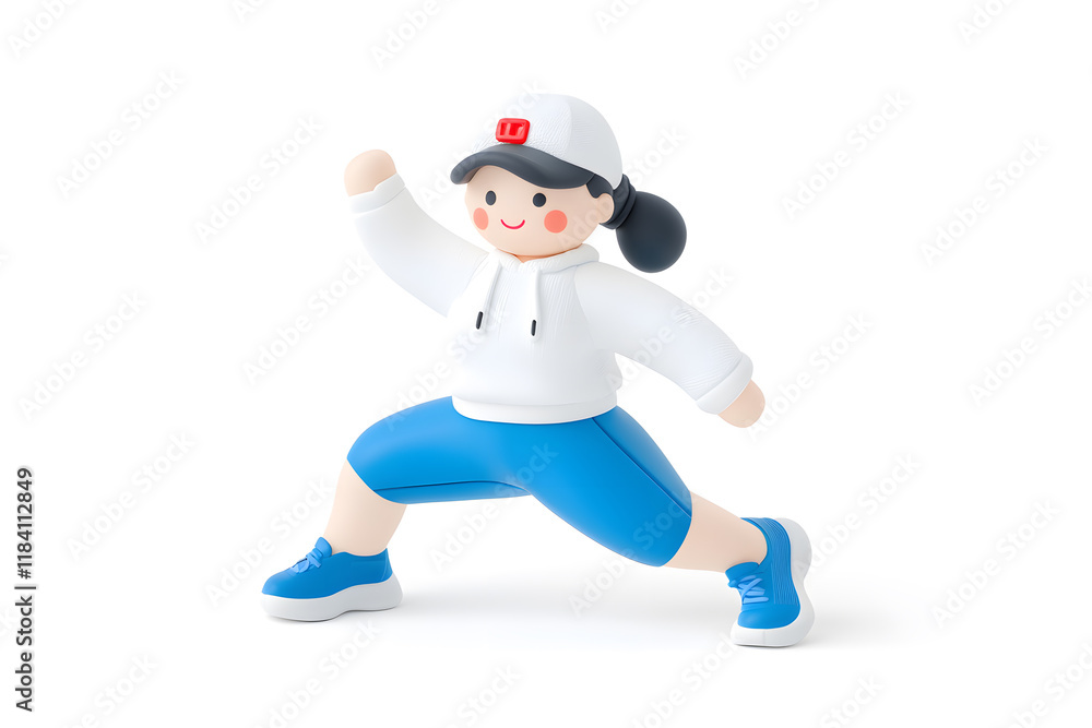 3D cartoon character illustration of a happy fit woman in sportswear stretching, isolated on white background 3D cartoon character illustration of a happy fit woman in sportswear stretching, isolated on white background