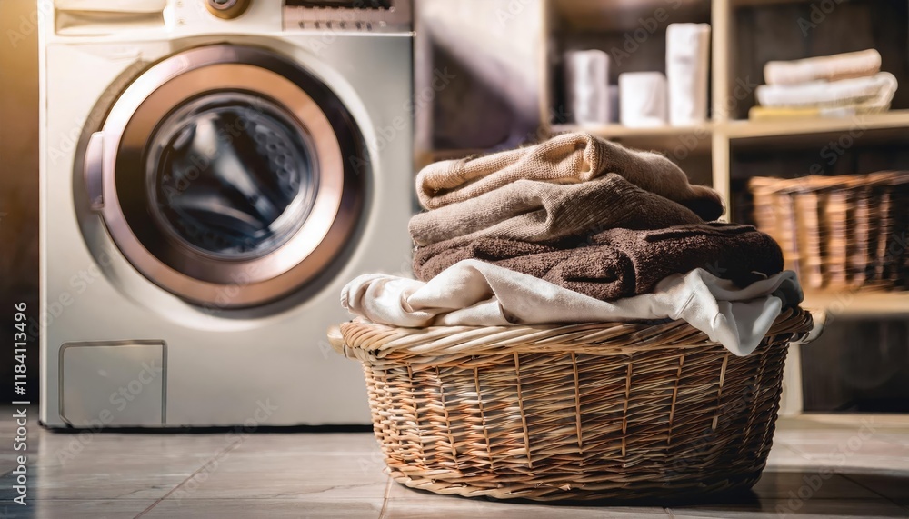 Obraz premium Laundry basket with clothes beside of a washing machine. Creative banner of self-service laundry, minimal cozy interior 
