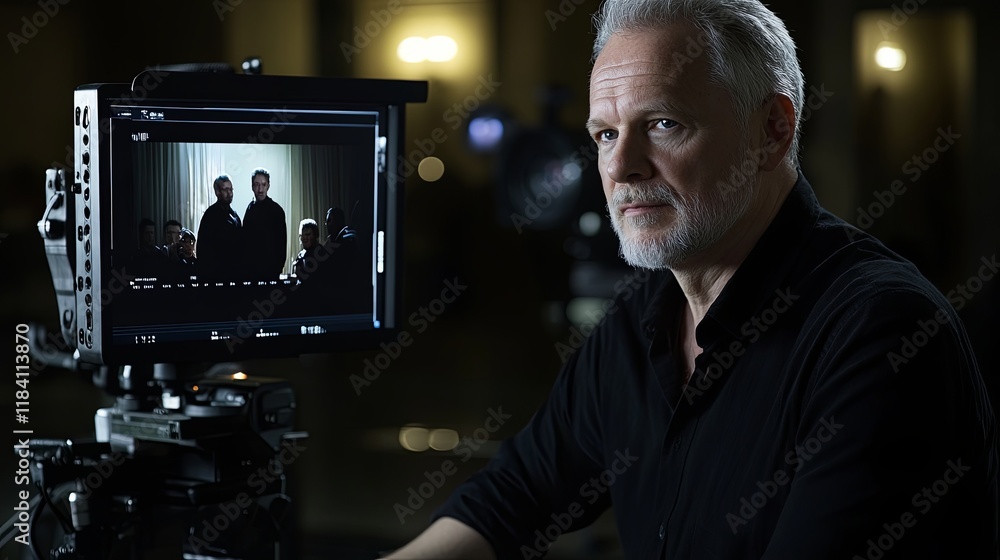 Film Director in Dark Room Focused on Monitor Scene with Actors, Partially Lit Face and Blurred Background, Tense Atmosphere from Equipment Hum Film Director in Dark Room Focused on Monitor Scene with Actors, Partially Lit Face and Blurred Background, Tense Atmosphere from Equipment Hum
