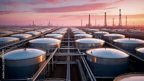 Large Industrial Oil Storage Tanks at Sunrise in a Refinery Facility with Pipelines and Smokestacks in the Background

 photo