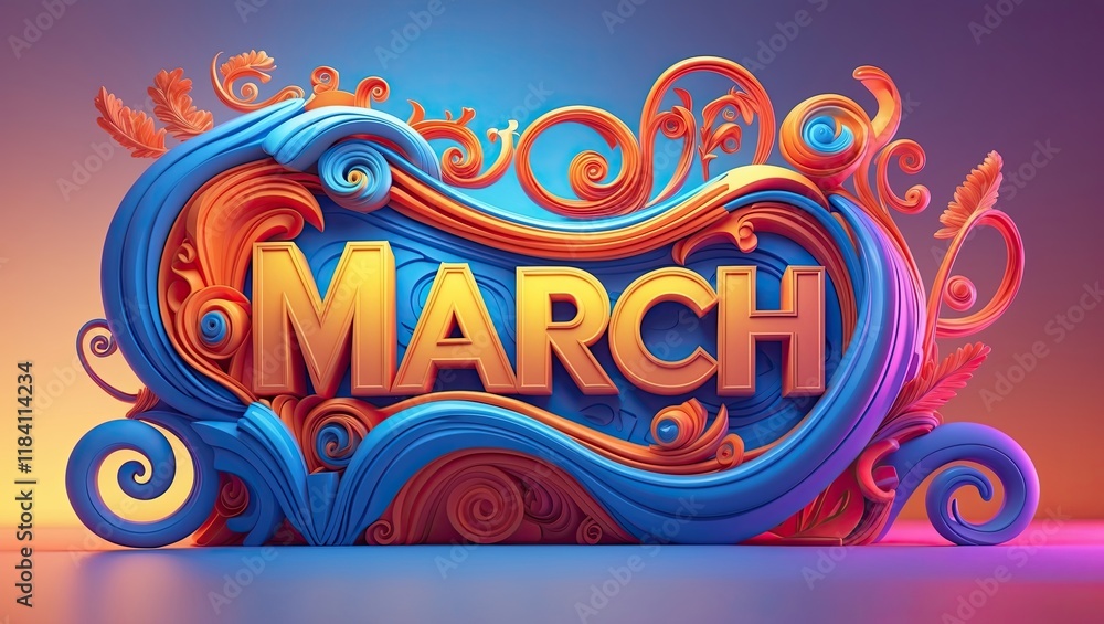 3D illustration letter march, surrounded by ornate decorative and ornamental shapes 3D illustration letter march, surrounded by ornate decorative and ornamental shapes