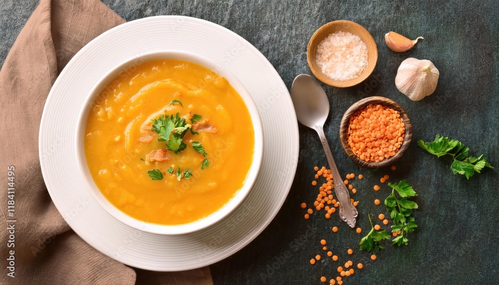 Pumpkin Red Lentil Soup in white bowl, top view Pumpkin Red Lentil Soup in white bowl, top view