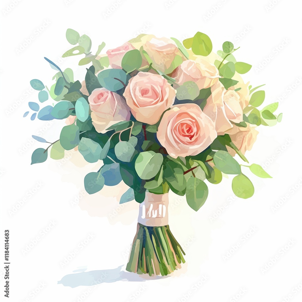 Fototapeta premium Elegant Blush Pink Rose Bridal Bouquet with Eucalyptus Greenery Wedding Flowers