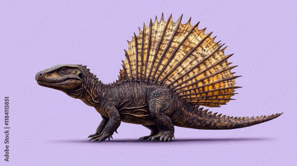 Fototapeta premium Mesmerizing Dimetrodon Portrait on Flat Purple Background â€“ Clean and Isolated Design with Space for Captions