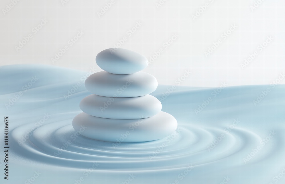 A series of four white pebbles are floating on top of a blue body of water A series of four white pebbles are floating on top of a blue body of water