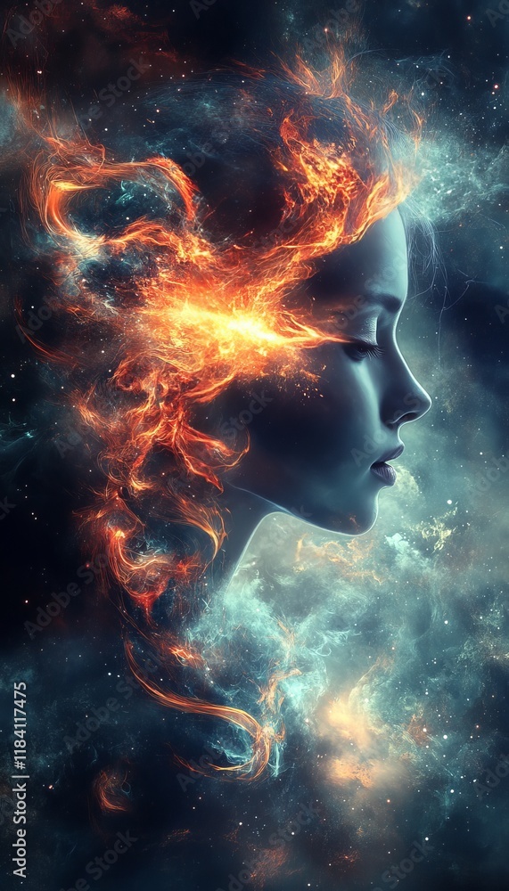 Cosmic Energy Flow, Woman Silhouette, Particle Trails, Abstract Art, Spiritual Portrait Cosmic Energy Flow, Woman Silhouette, Particle Trails, Abstract Art, Spiritual Portrait