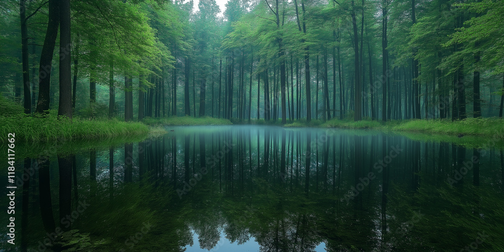 Obraz premium Tranquil reflection on a serene lake surrounded by lush forest nature photography misty environment peaceful viewpoint