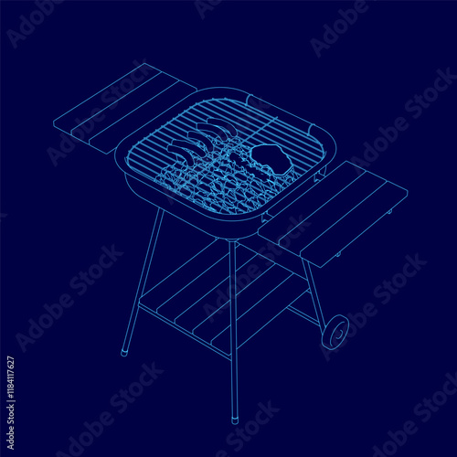 Blue drawing of a grill with a charcoal grill top. The grill is on a wooden stand with a handle