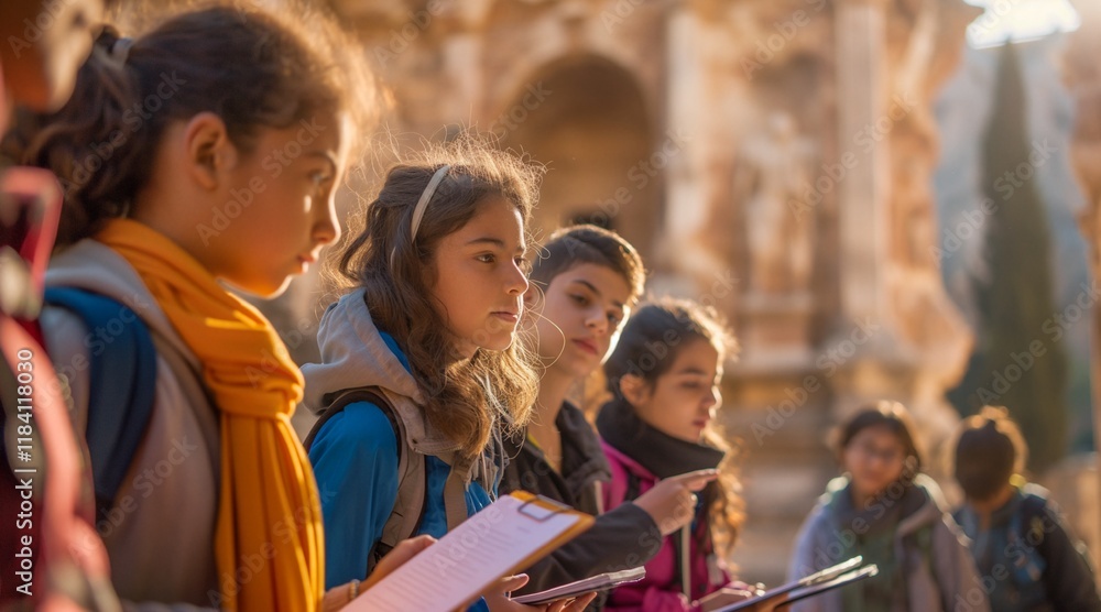 Fototapeta premium Children Discovering History on Educational Field Trip at Ancient Site