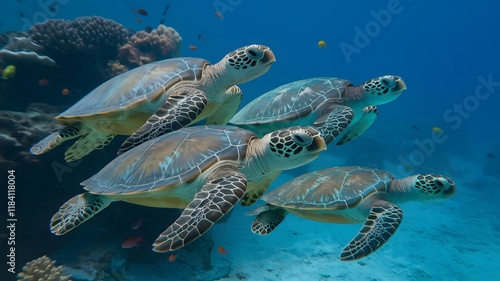 A lively group of sea turtles is gracefully swimming in the ocean