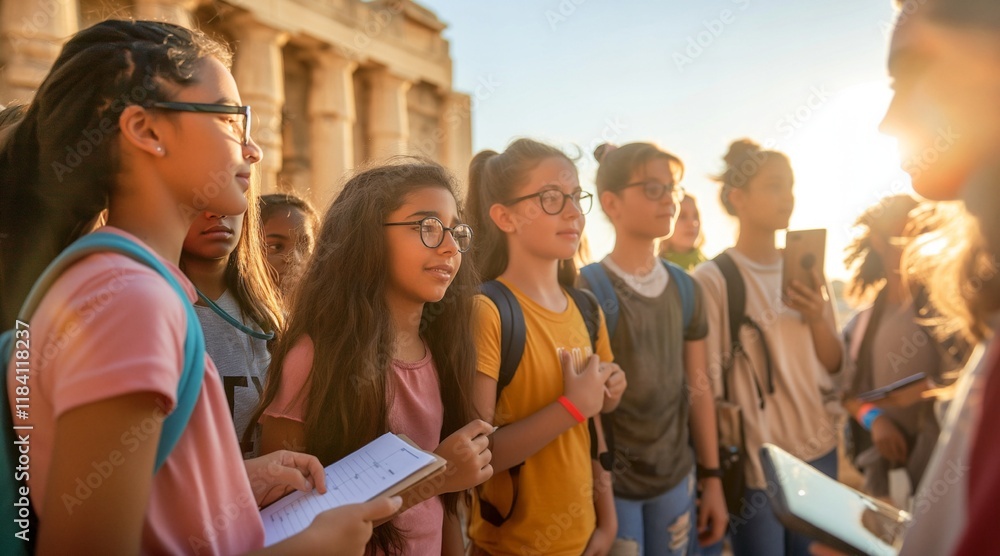 Obraz premium School Children on an Educational Field Trip Exploring Historical Architecture