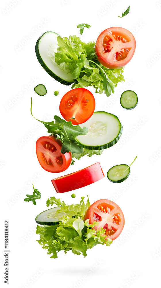 Salad vegetables slices falling into the bowl, isolated on white background Salad vegetables slices falling into the bowl, isolated on white background