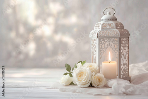 An Arabic lantern of Ramadan with roses and candlelight, against a Soft background, a Beautiful Arabic Lantern for the Ramadan Kareem celebration, with copy space for text. Generative Ai photo