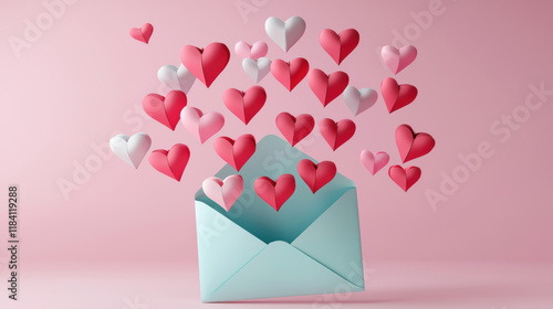 Colorful hearts floating from open envelope on pastel pink background, creating joyful and romantic atmosphere