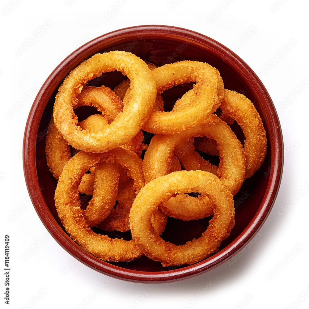 A bowl of golden onion rings arranged neatly A bowl of golden onion rings arranged neatly