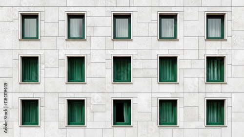 Geometric Pattern of Green Windows on a White Building Facade