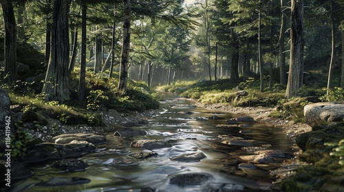 Tranquil forest stream flowing through a lush green forest.