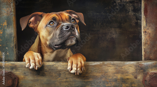 Adorable boxer pitbull mix looking up from crate with hopeful expression. This charming dog captures attention with its expressive eyes and playful demeanor