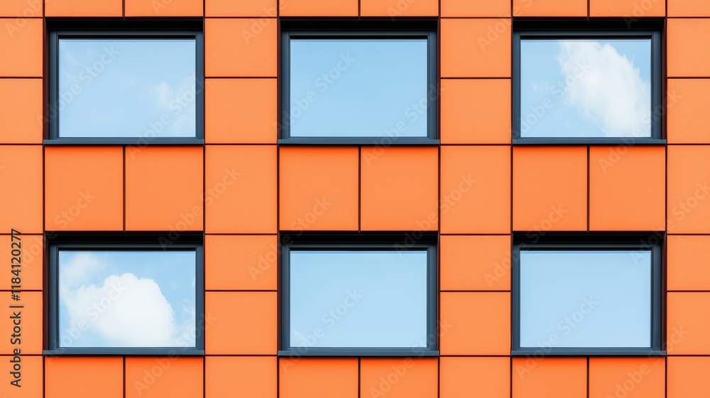 Fototapeta premium Abstract Orange Facade with Cloud Reflections in Windows