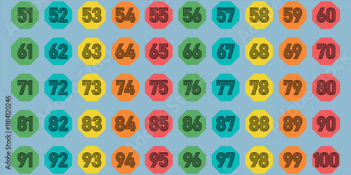 Cart numbers 1 -100 kids green blue yellow orange pink cute circle premium colors