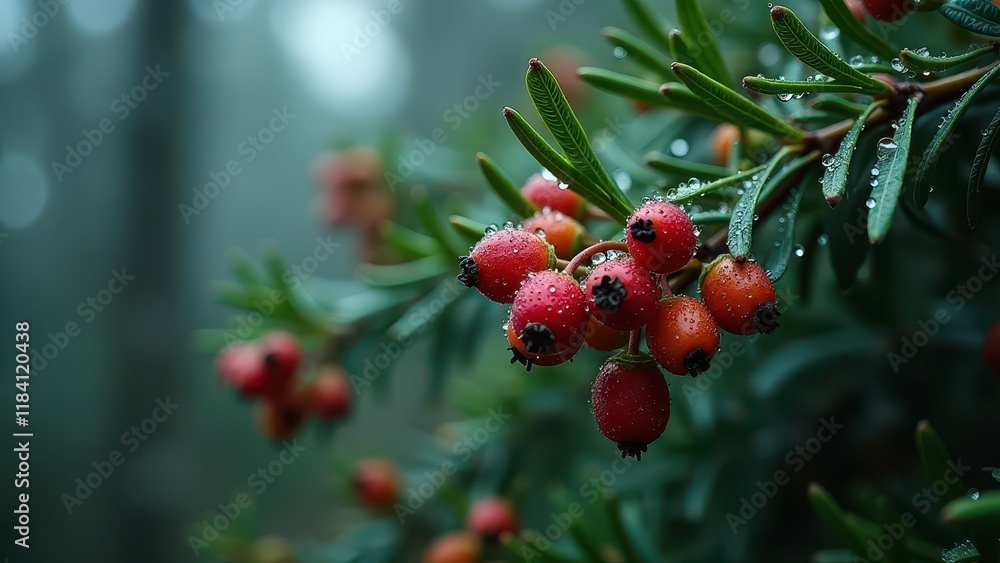 Close-Up of Dew-Covered Red Berries on Evergreen Branch in a Forest
Close-Up of Dew-Covered Red Berries on Evergreen Branch in a Forest