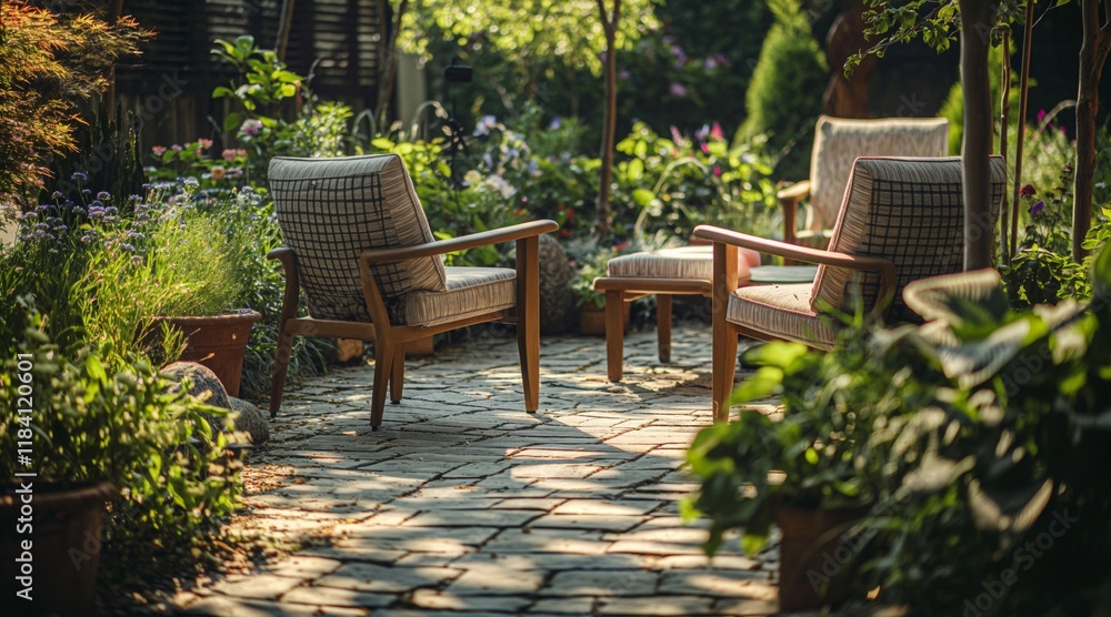 Obraz premium Tranquil Garden Setting with Wooden Chairs and Lush Greenery