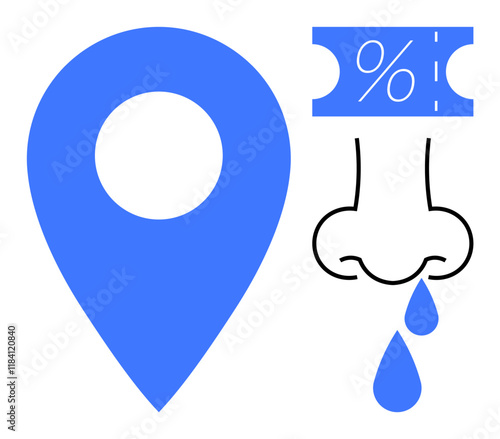 Location marker, coupon with percentage sign, and runny nose illustration. Ideal for navigation, discounts, sales, health issues, allergies seasonal changes marketing campaigns. Abstract line flat