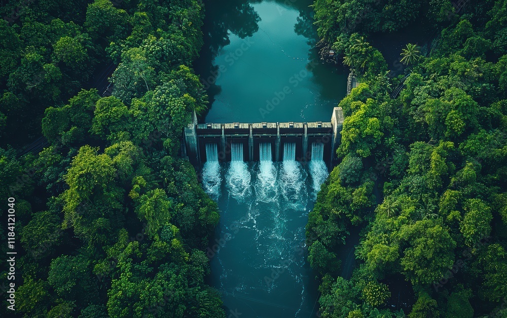 A birds-eye view of a hydroelectric dam surrounded by lush greenery and a river A birds-eye view of a hydroelectric dam surrounded by lush greenery and a river