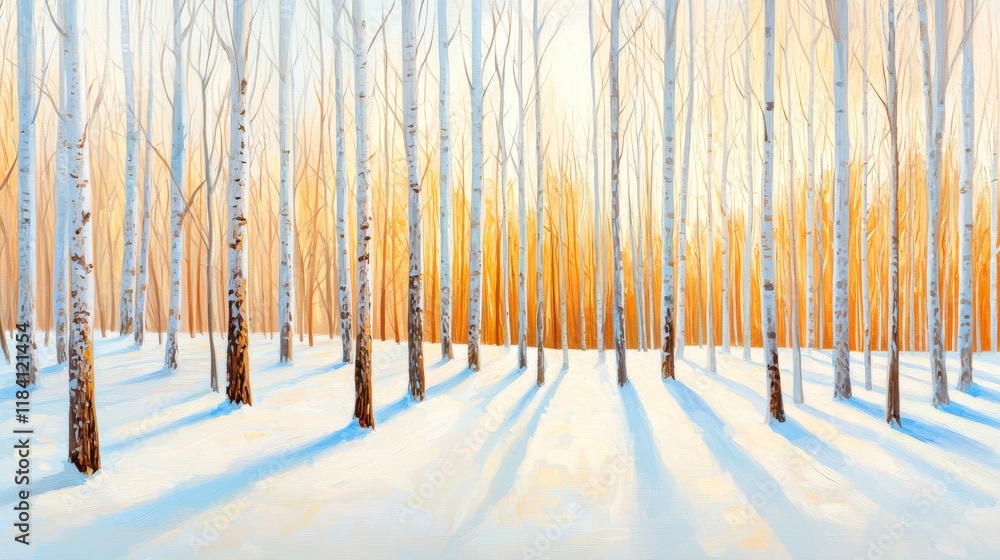 Tranquil Winter Landscape with Snow-Covered Trees and Soft Golden Light