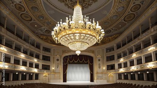 Elegant vienna opera ball style interior with grand chandelier and luxurious decor.