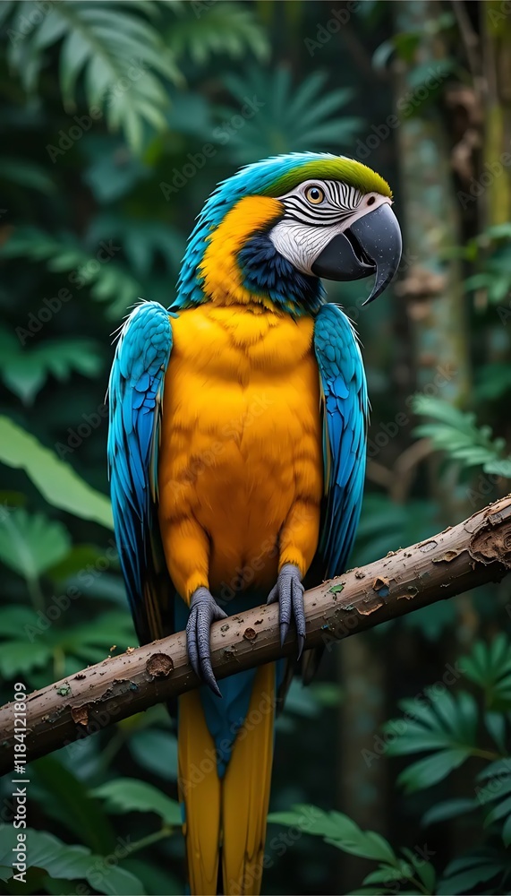 Obraz premium Blue-Gold Macaw: Vibrant Tropical Bird in Lush Foliage