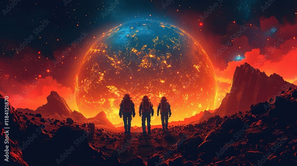 Fototapeta premium Journey to a New Planet: Explorers embark on an adventure to a newly discovered planet