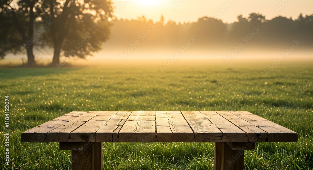Fototapeta premium Rustic Wooden Tabletop Overlooking a Lush Green Summer Meadow at Sunset