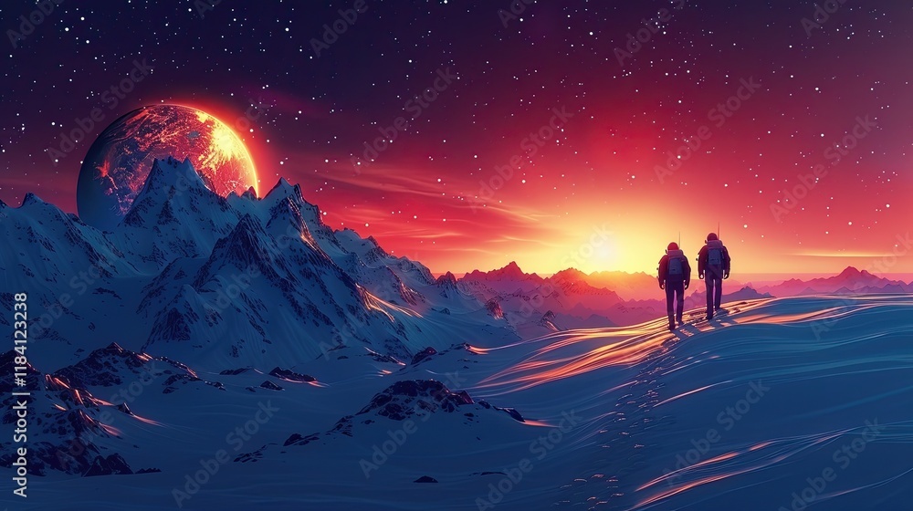 Fototapeta premium Journey to a New Planet: Explorers embark on an adventure to a newly discovered planet