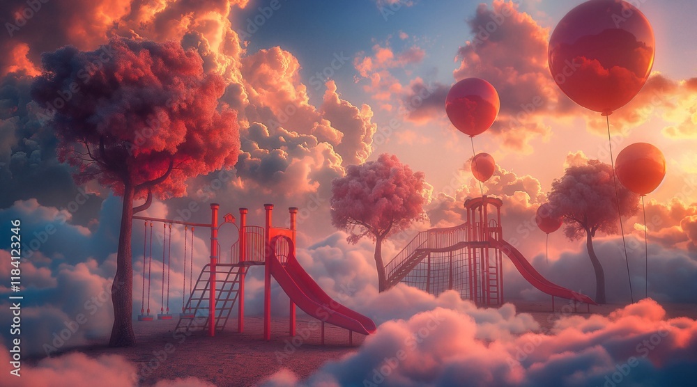 Fototapeta premium Dreamlike Playground Amongst Clouds with Surreal Red Trees and Balloons