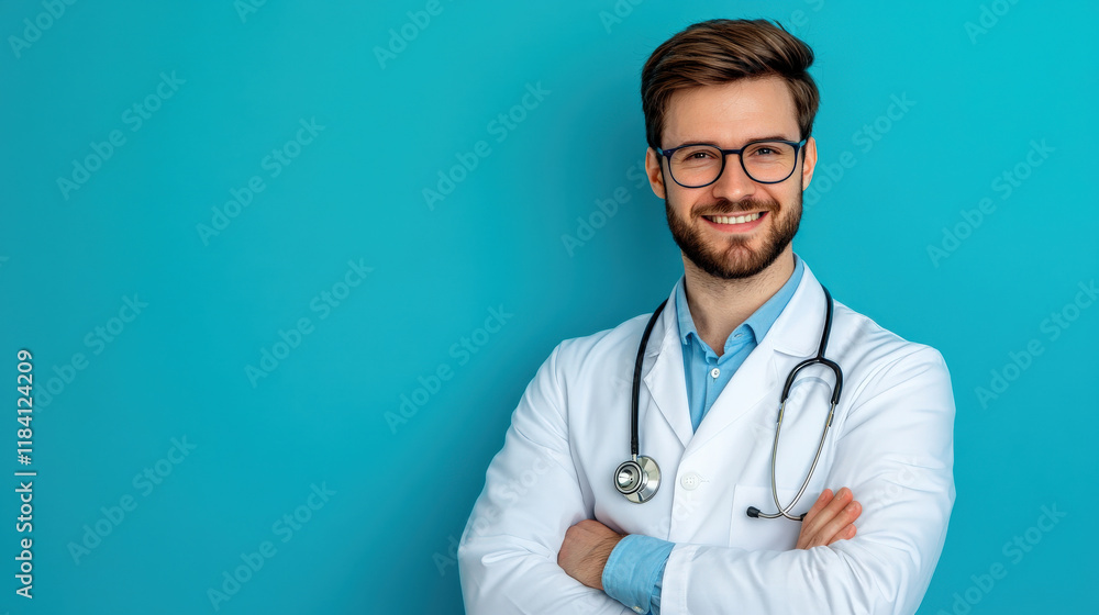confident male doctor in white coat smiles against blue background, showcasing professionalism and approachability confident male doctor in white coat smiles against blue background, showcasing professionalism and approachability