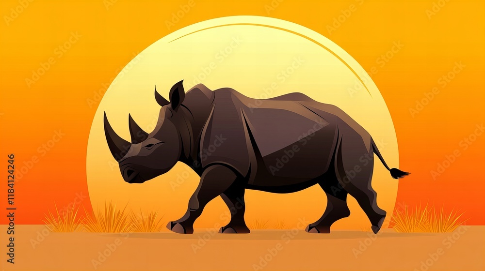 Fototapeta premium A majestic rhino walks across the savanna at sunset. The warm colors create a peaceful scene.
