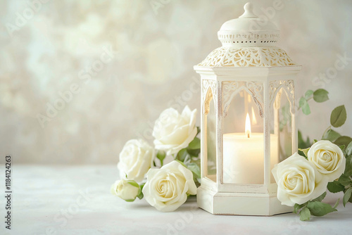 An Arabic lantern of Ramadan with roses and candlelight, against a Soft background, a Beautiful Arabic Lantern for the Ramadan Kareem celebration, with copy space for text. Generative Ai photo