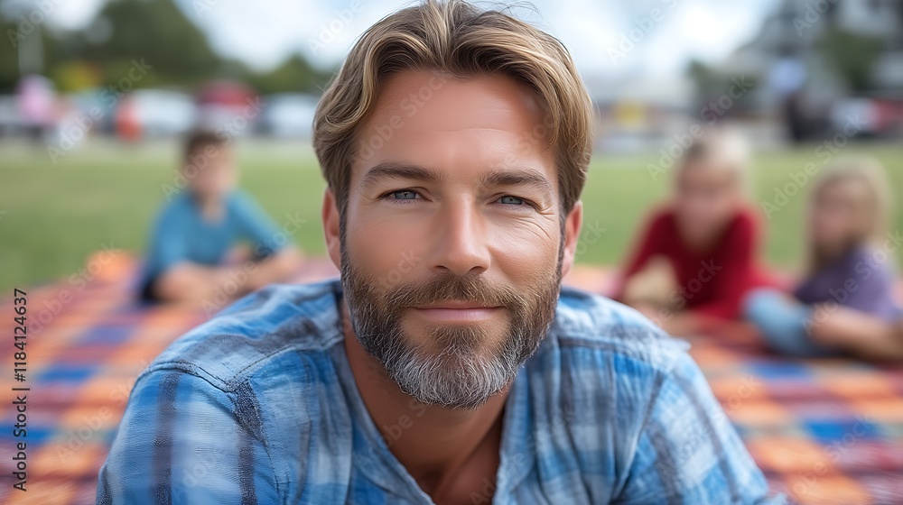 Smiling Man with Family in a Relaxed Park Setting Smiling Man with Family in a Relaxed Park Setting