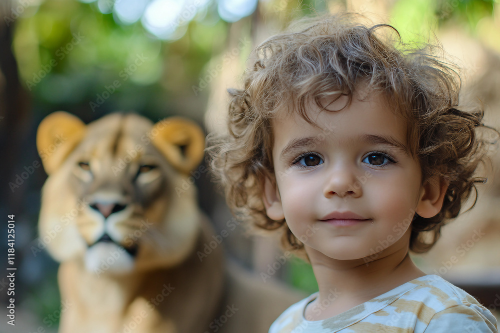 Curious child observing animal in zoo made generative AI Curious child observing animal in zoo made generative AI