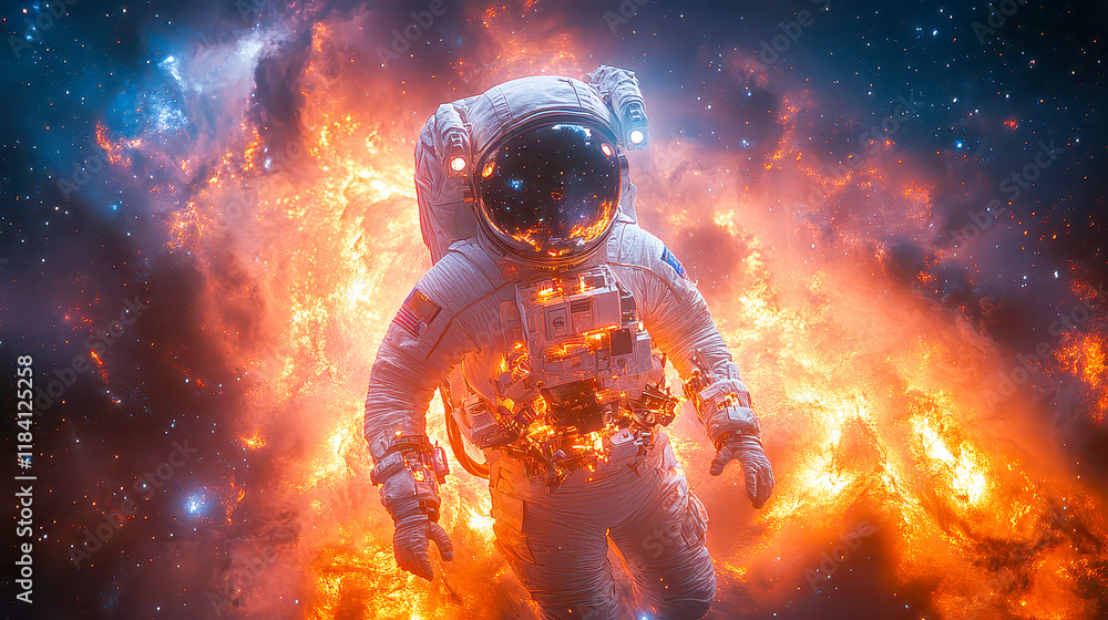 Fototapeta premium Astronaut explores a vibrant cosmic landscape illuminated by swirling galaxies and colorful nebulae in deep space
