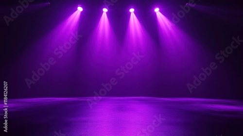 Three purple spotlights illuminate a dark stage with smoky atmosphere, creating a dramatic, mysterious scene.